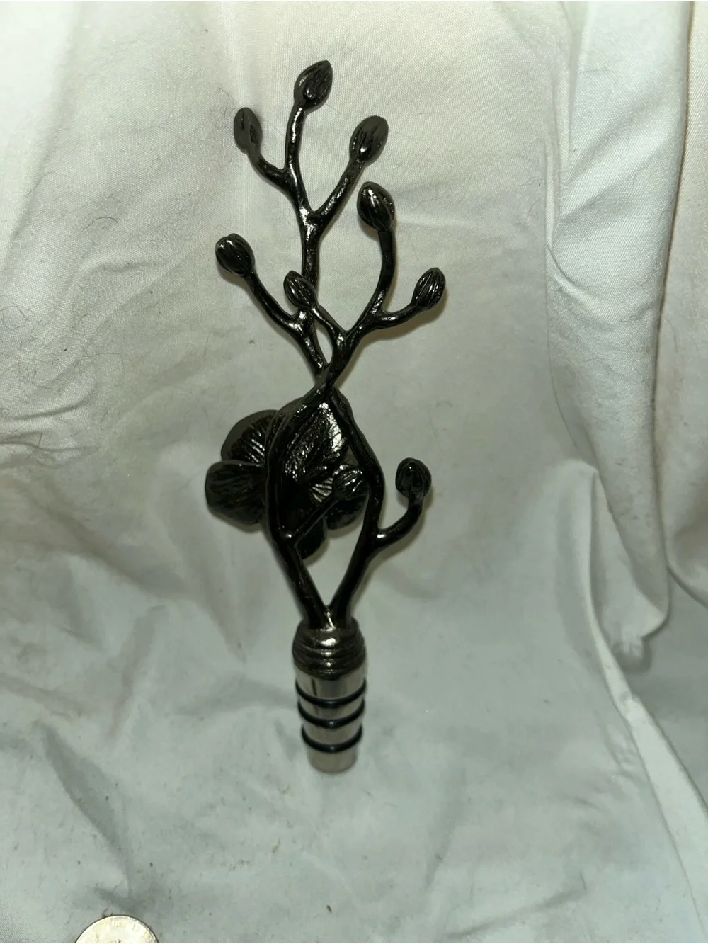 Wrought Metal Botanical Branch Wine Stopper with Leaf Accent